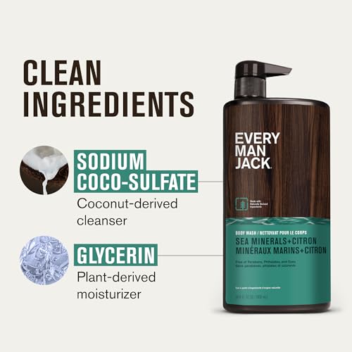 Every Man Jack Men’s Hydrating Body Wash for All Skin Types - Cleanse and Hydrate Skin with Naturally Derived Marine Extracts, Coconut Oil, and a Sea Minerals + Citron Scent - 33.8 fl. oz. - 2 Bottle